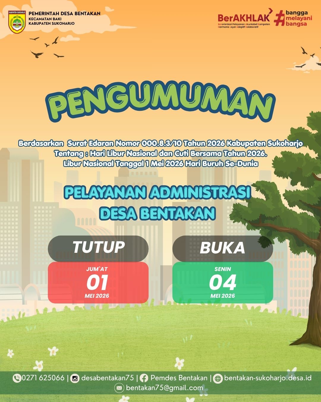 PENGUMUMAN JADWAL PELAYANAN ADMINISTRASI DESA BENTAKAN 2026